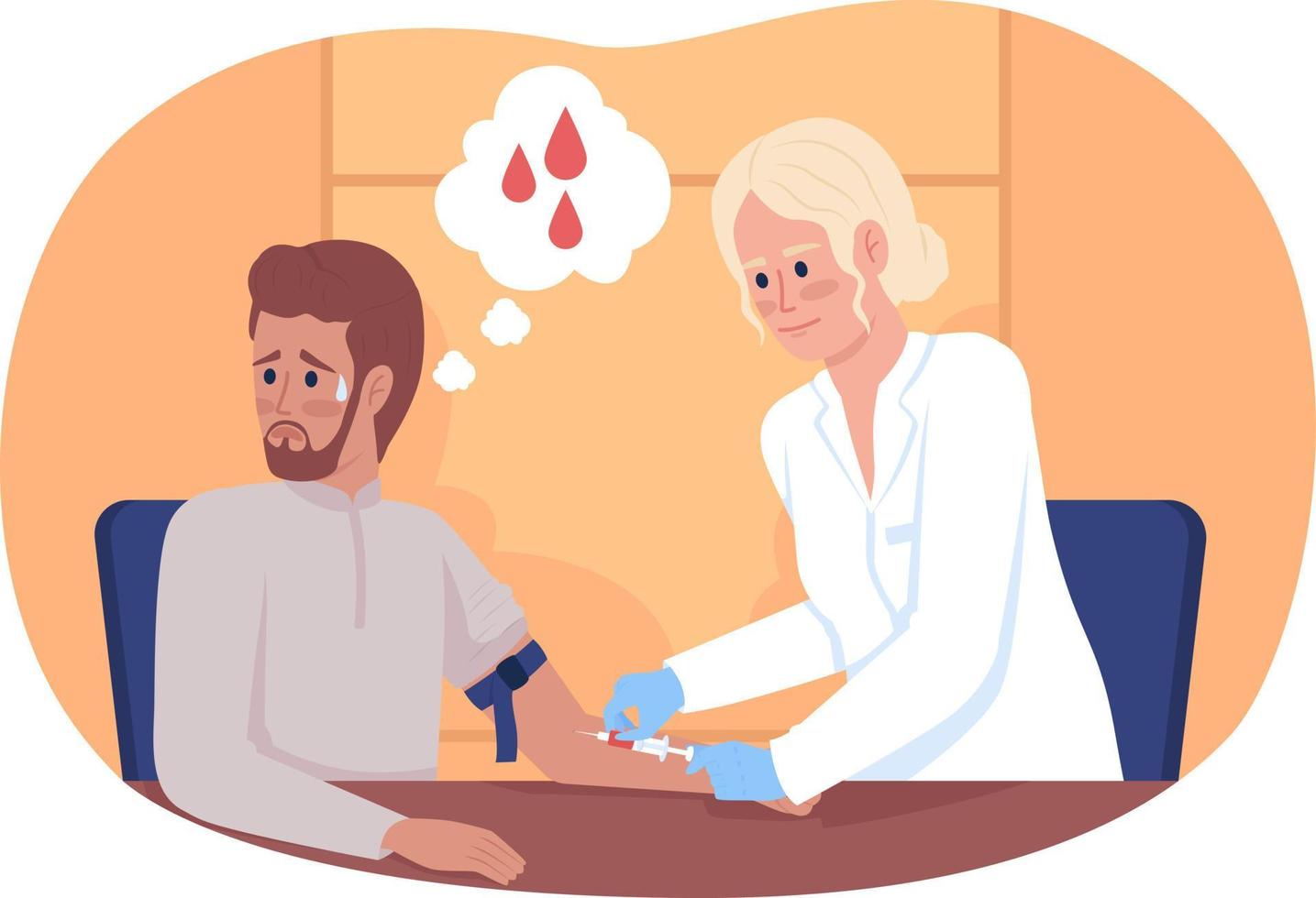Scared patient at blood collection procedure 2D vector isolated illustration