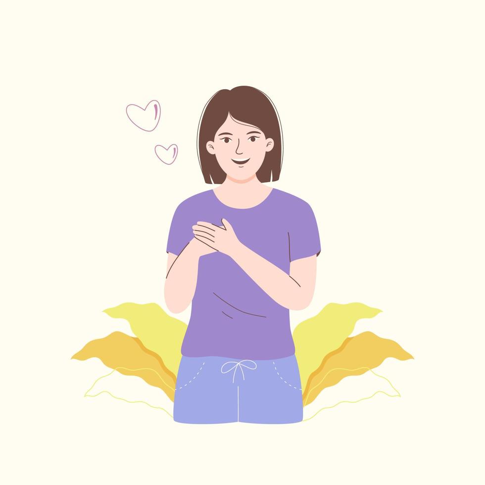 Young woman smiling with hands on chest, vector illustration
