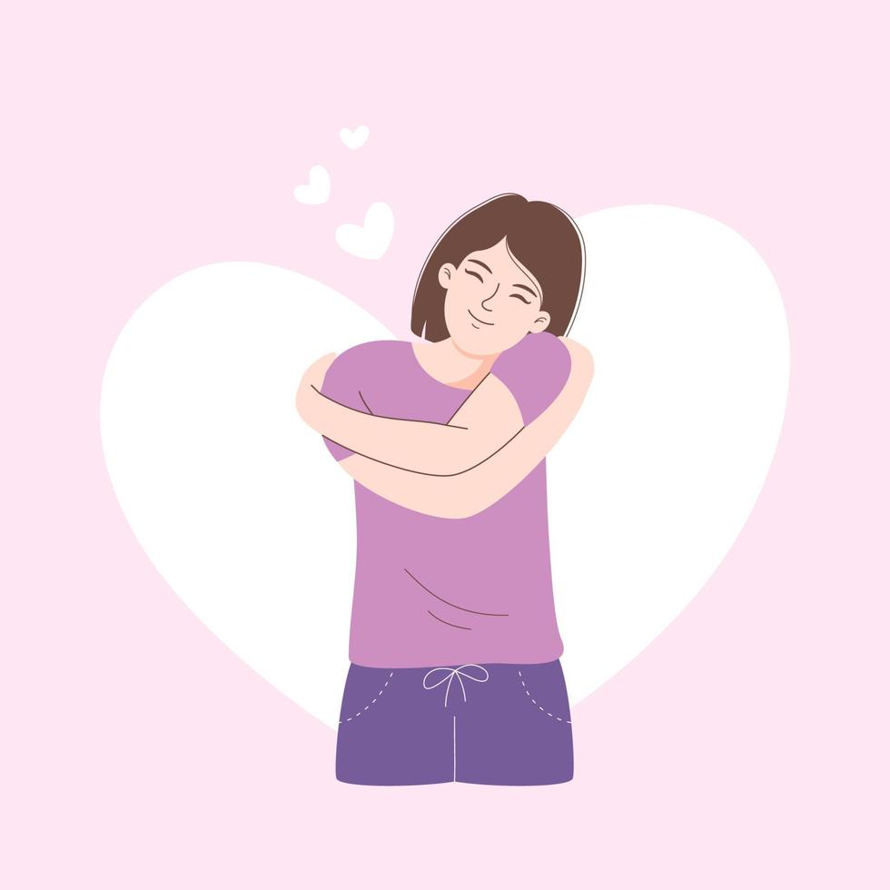 mujer joven se abraza a sí misma, ilustración vectorial vector