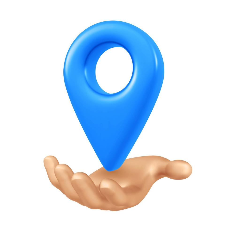Point of location 3d icon. Pointer of map in hand. Map marker sign. Gps pointer graphic element. Navigation pin point global position system symbol. Vector illustration.