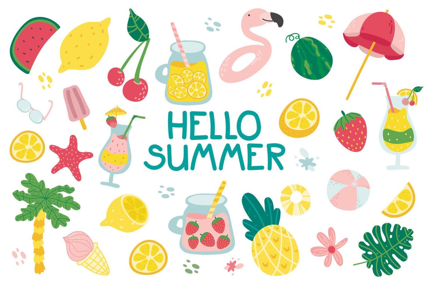 Summer set with cute beach elements and lettering cocktail, juice, ice cream, fruits, flowers, palm trees. Hand drawn flat cartoon elements. poster, card, scrapbooking, tag, invitation, sticker kit. vector