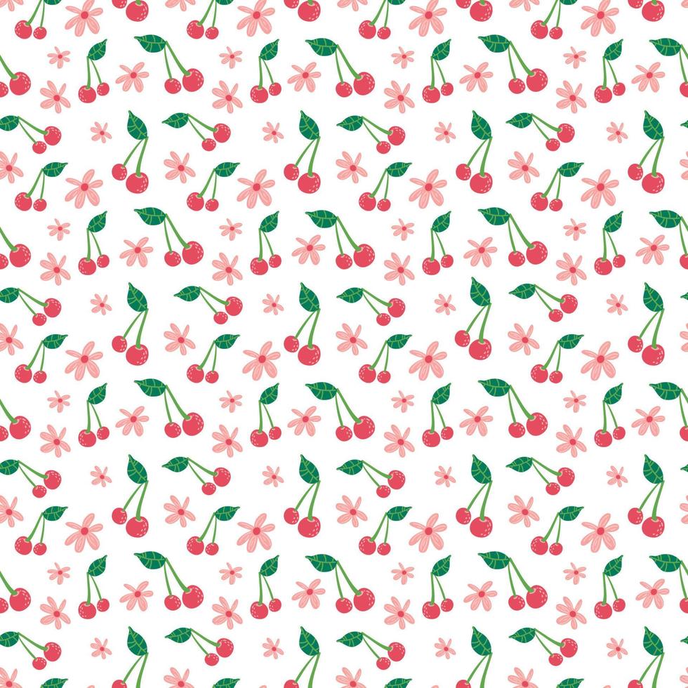 flores de cerezo de patrones sin fisuras. bayas de verano, frutas, hojas, flores de fondo fresco. ilustración vectorial para cubierta de primavera, textura de papel tapiz tropical, telón de fondo vector