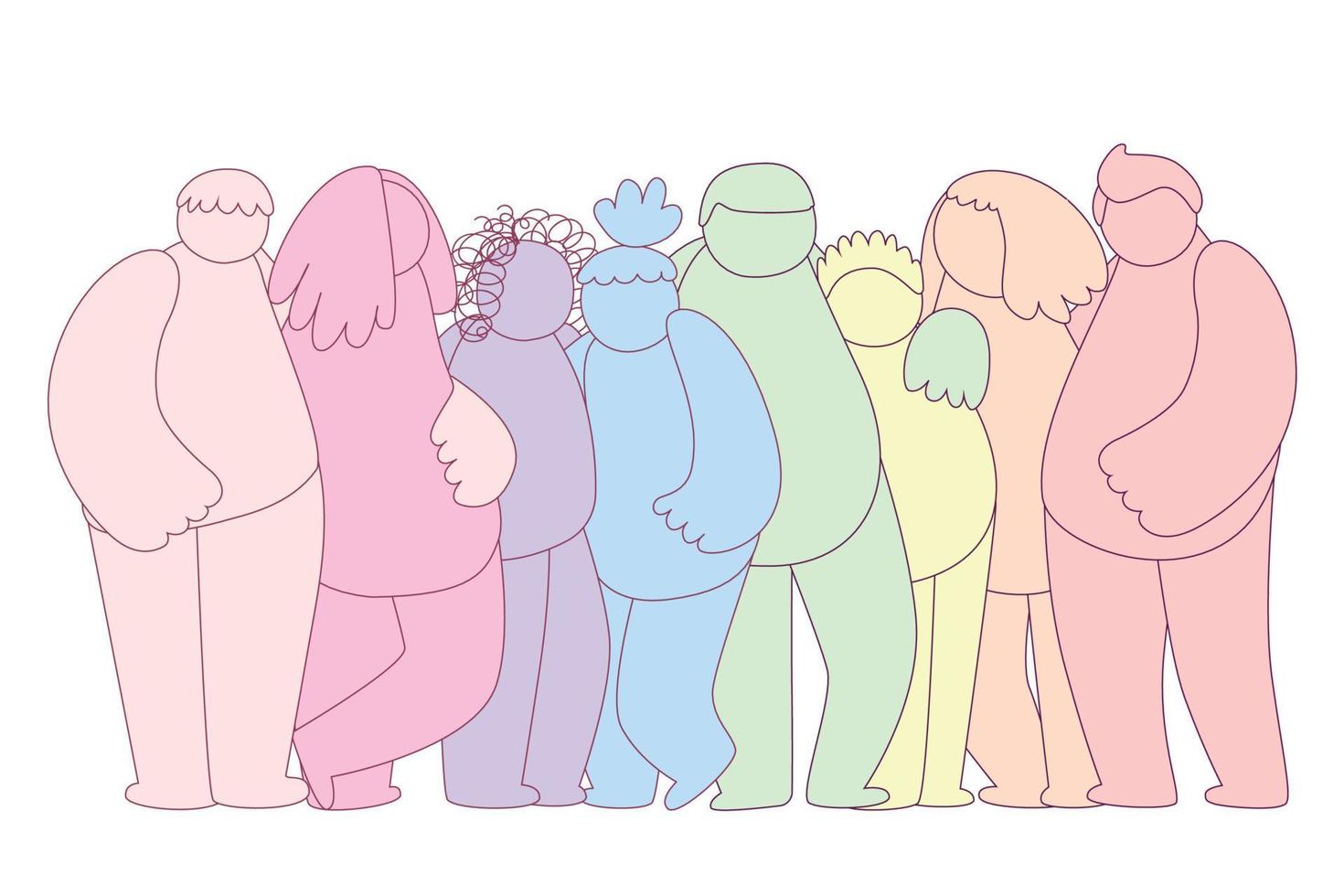 Group of abstract diverse people. Friends, coworkers,volunteer are standing, hugging, posing together. Cartoon doodle characters. Teamwork, togetherness, friendship concept. vector