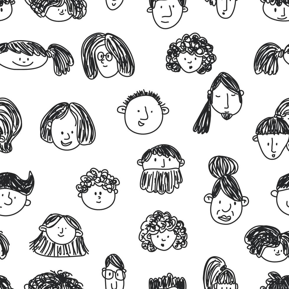 seamless pattern with peoples faces. black and white Sketch. Hand-drawn doodle style.. Line art. Different men and women. Cartoon characters. Vector illustration