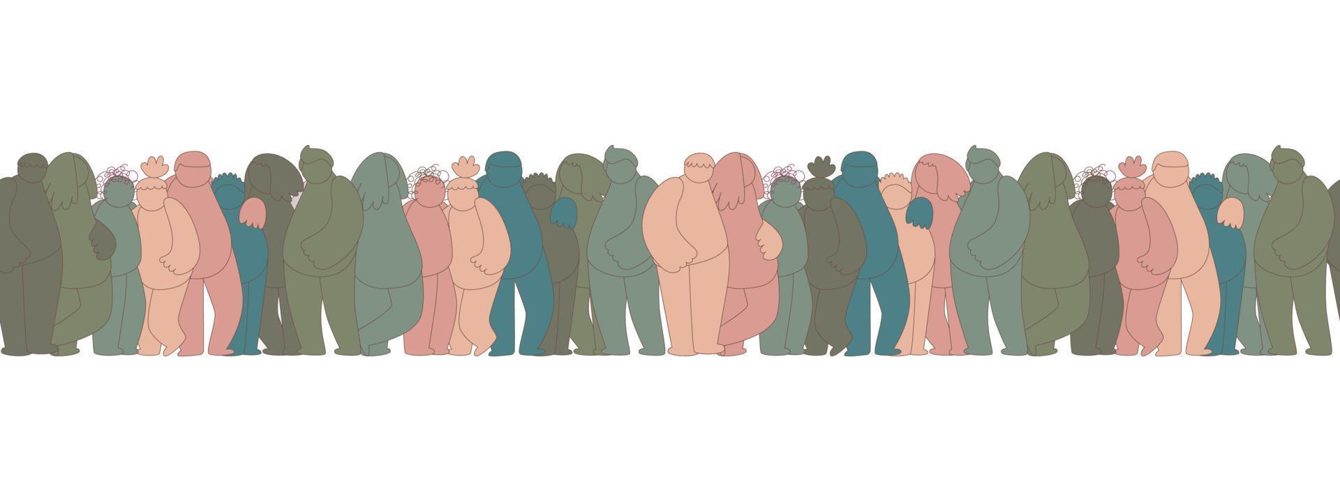 horizontal seamless border group of abstract diverse people. Friends, coworkers,volunteer standing, hugging together. Cartoon doodle characters. Teamwork, togetherness, friendship concept vector