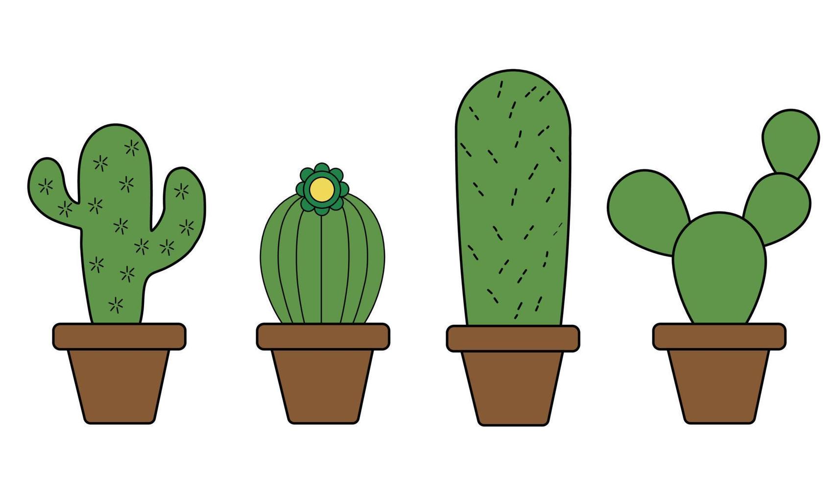 conjunto de plantas de cactus en macetas de colores con contornos. ilustración vectorial vector