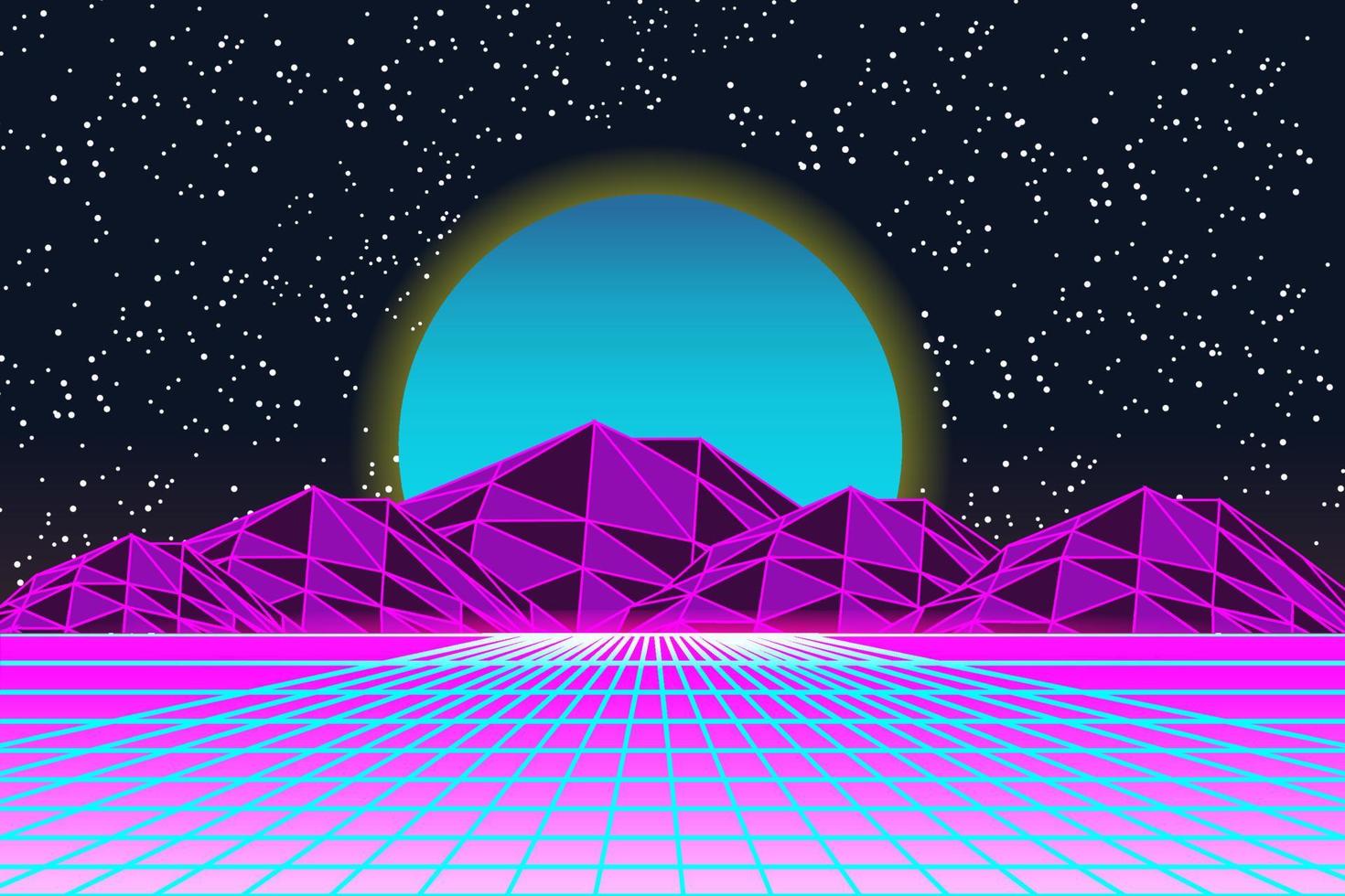 Fondo futurista de ciencia ficción retro Ilustración 3d de estilo de los años 80 y 90. panorama digital en un mundo cibernético. para usar como cubierta de diseño. vector