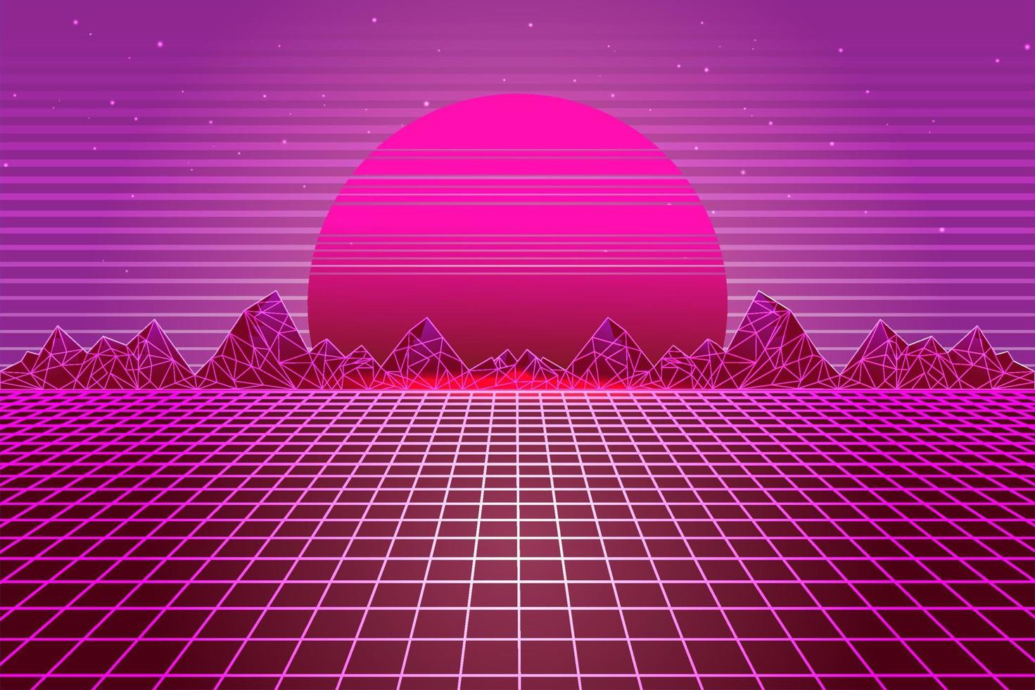 Retro Sci-Fi futuristic background 1980s and 1990s style 3d illustration. Digital landscape in a cyber world. For use as design cover vector