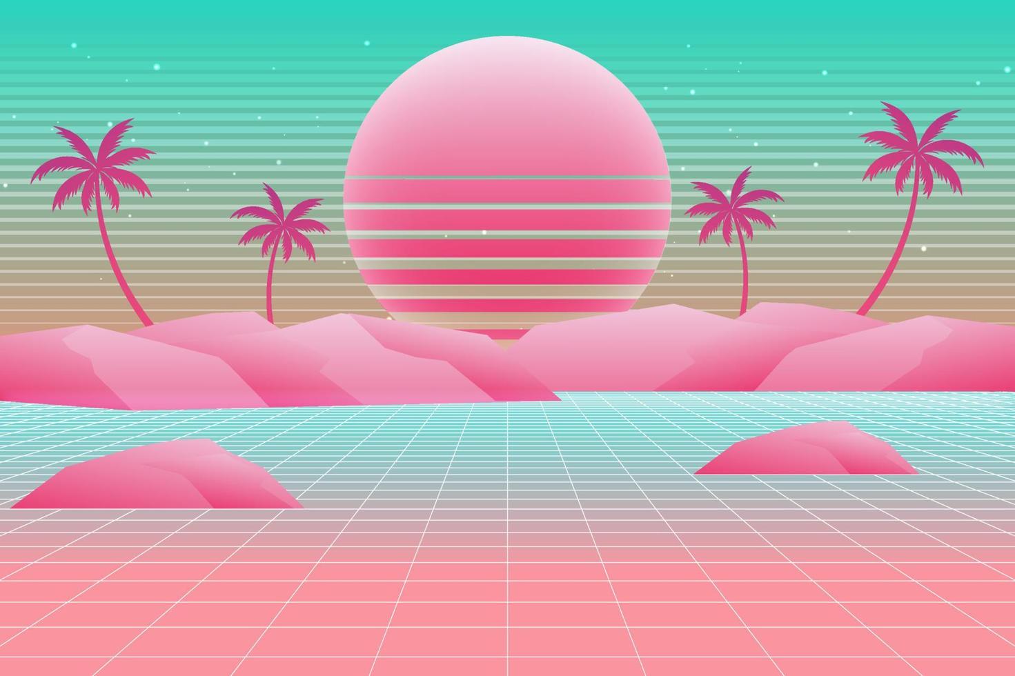 Retro Sci-Fi futuristic background 1980s and 1990s style 3d illustration. Digital landscape in a cyber world. For use as design cover vector