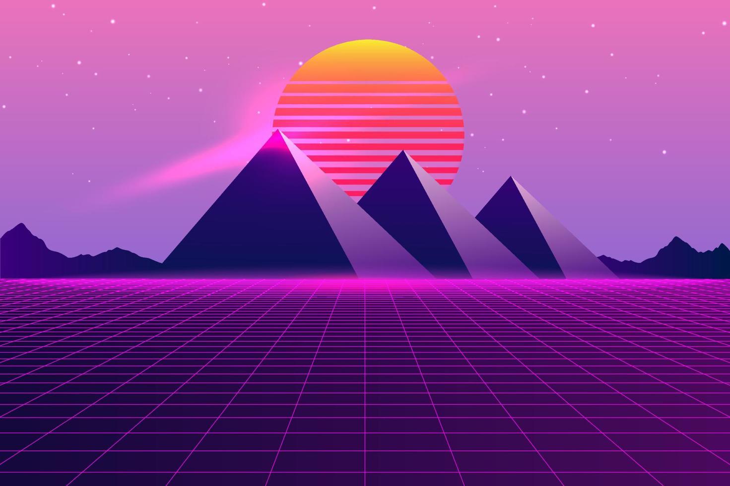 Retro Sci-Fi futuristic background 1980s and 1990s style 3d illustration. Digital landscape in a cyber world. For use as design cover vector