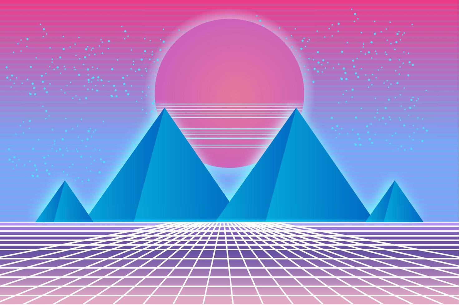 Retro Sci-Fi futuristic background 1980s and 1990s style 3d illustration. Digital landscape in a cyber world. For use as design cover. vector