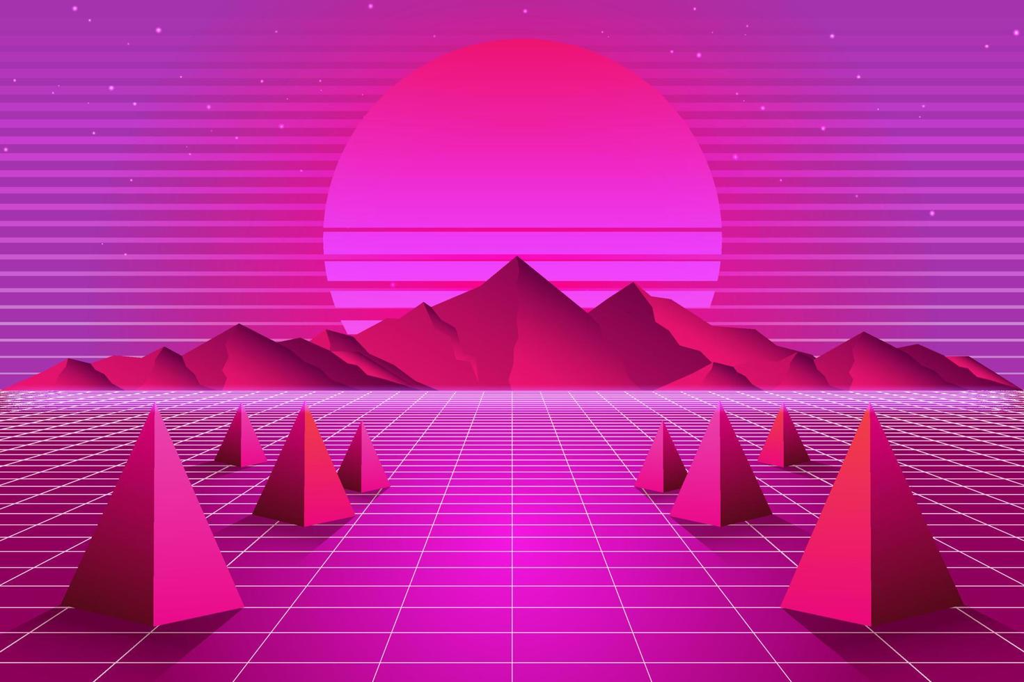 Retro Sci-Fi futuristic background 1980s and 1990s style 3d illustration. Digital landscape in a cyber world. For use as design cover vector