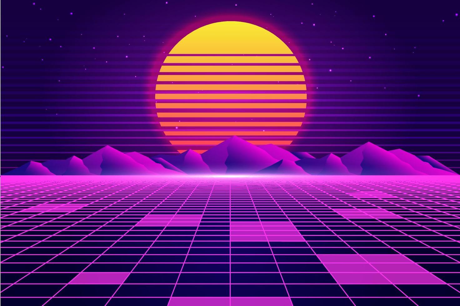 Retro Sci-Fi futuristic background 1980s and 1990s style 3d illustration. Digital landscape in a cyber world. For use as design cover vector