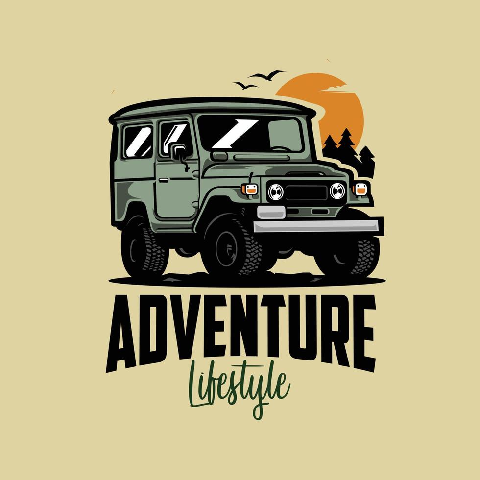 Premium Adventure Overland Illustration. Classic Overland 4x4 Offroad SUV Illustration Vector Isolated. Best for Automotive Enthusiast Sticker and Tshirt Design