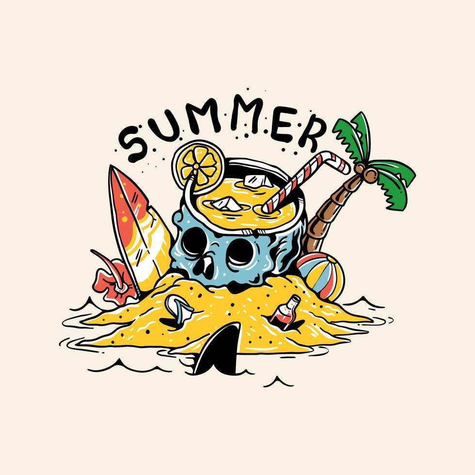 Summer vibes vector illustration skull beach surf shark