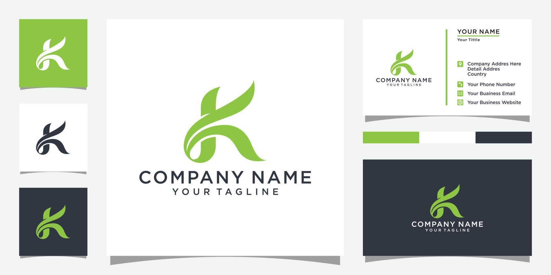 letra inicial k con logotipo de lujo de hoja. diseño de vector de plantilla de logotipo de hoja verde.