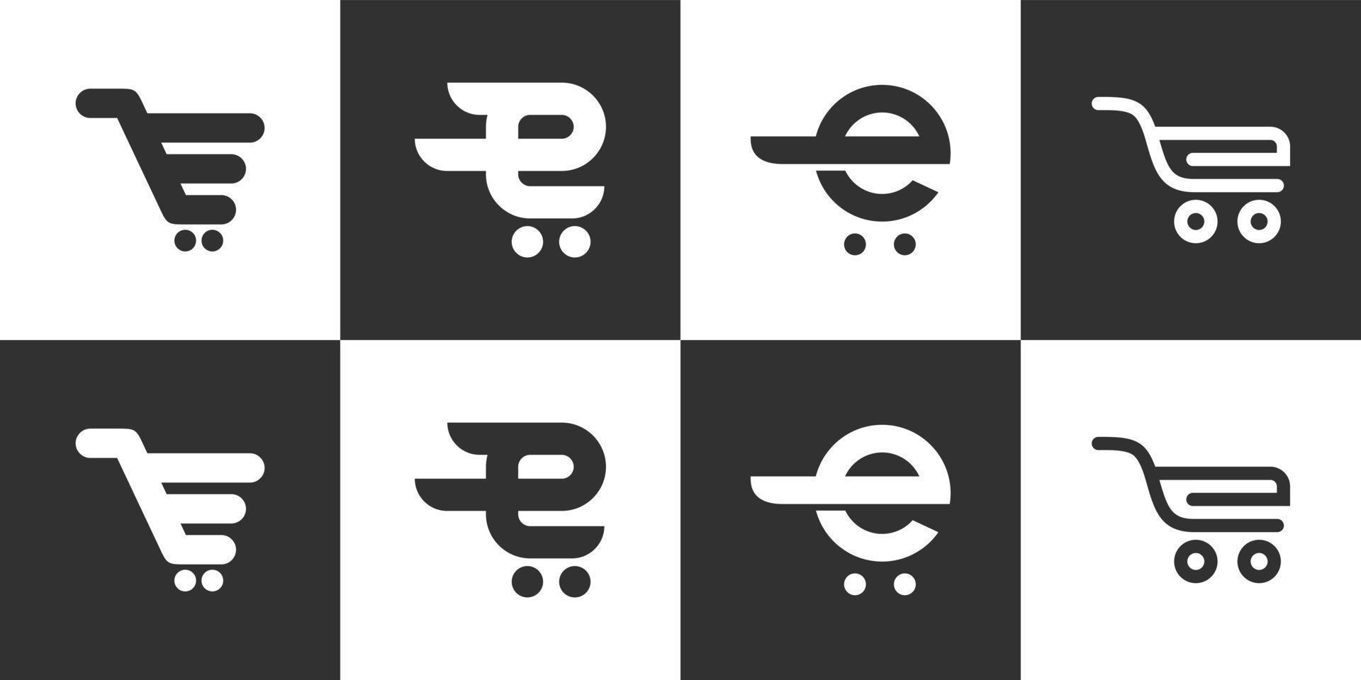 conjunto de logotipo de letra inicial e con diseño de vector de carrito de compras