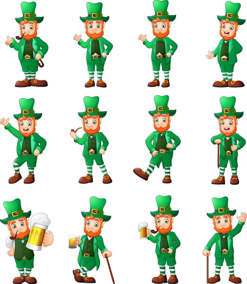 Cartoon leprechaun set in different poses vector