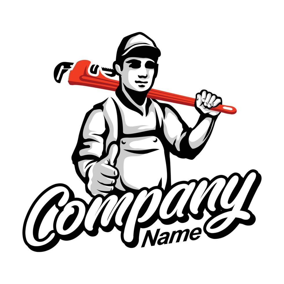 Plumbing logo with man holding wrench vector inspiration, Design element for logo, poster, card, banner, emblem, t shirt. Vector illustration