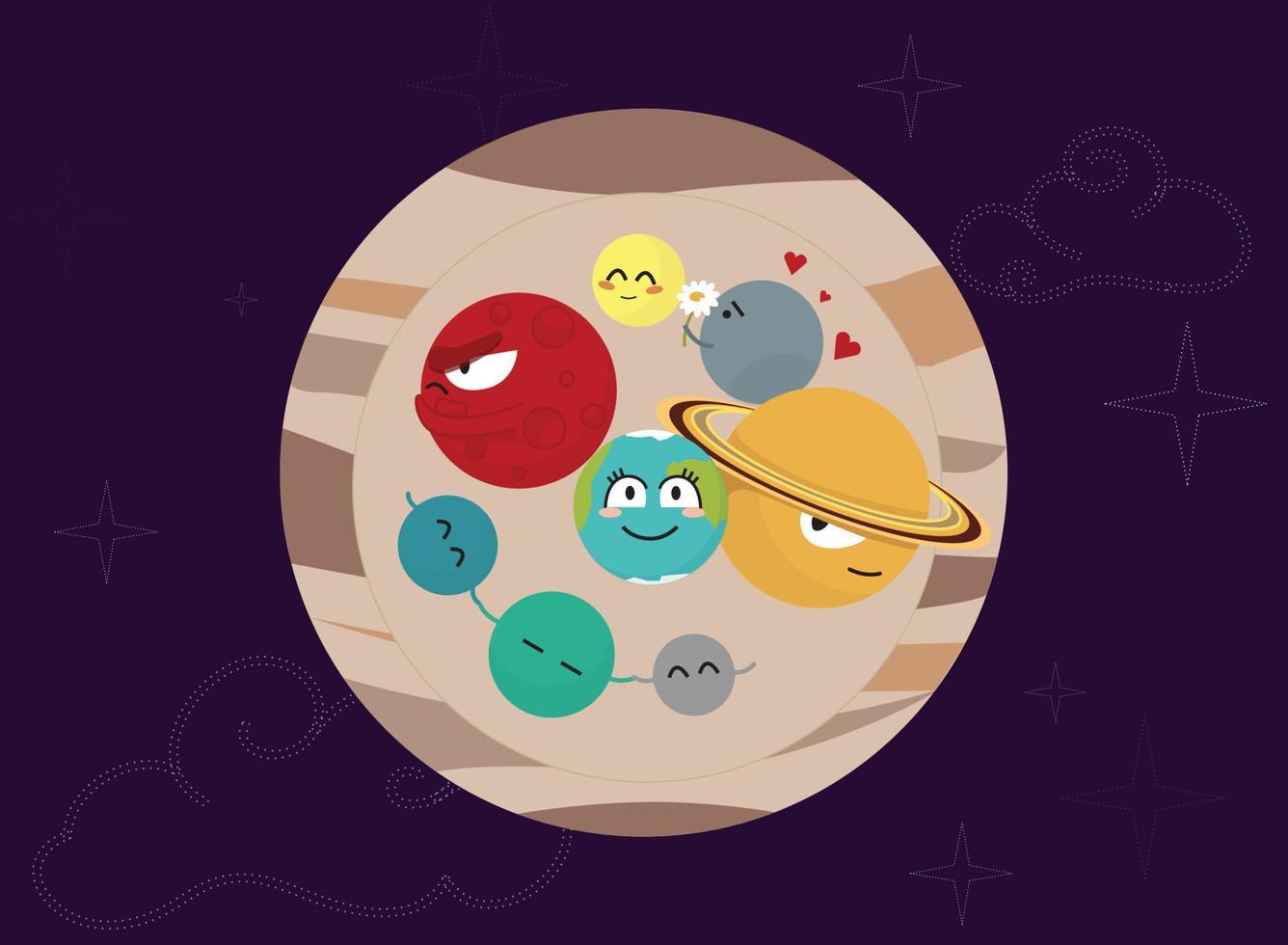 All planet into Jupiter. Solar system planets illustration. Science poster for kids. Cartoon space picture vector