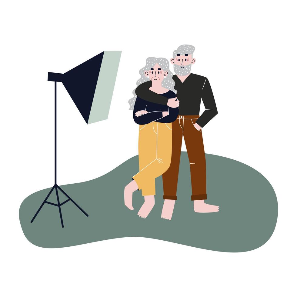 Photosession of elderly modern couple. Flat vector illustration.