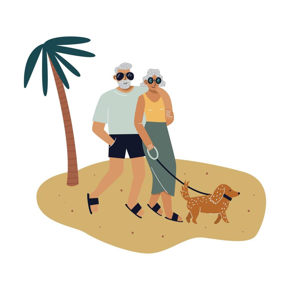 Elderly couple walking their dog on the beach. Concept of active old age. Flat vector illustration.
