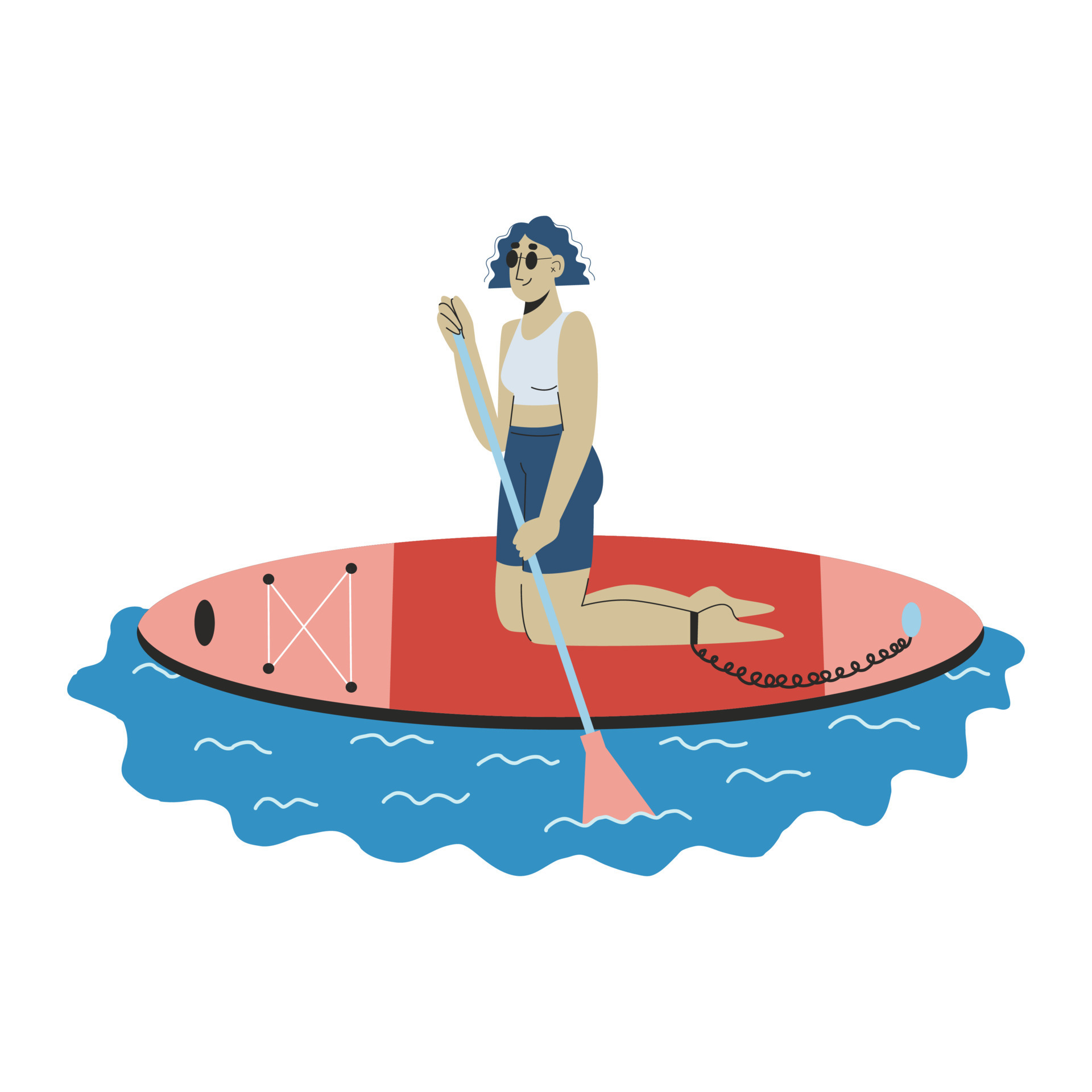 Kneeling woman is paddling with paddle board Vector Image
