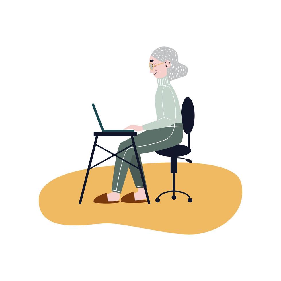 An elderly woman sitting with a laptop. Concept of using modern technologies by the elderly. Online education. Flat vector illustration.