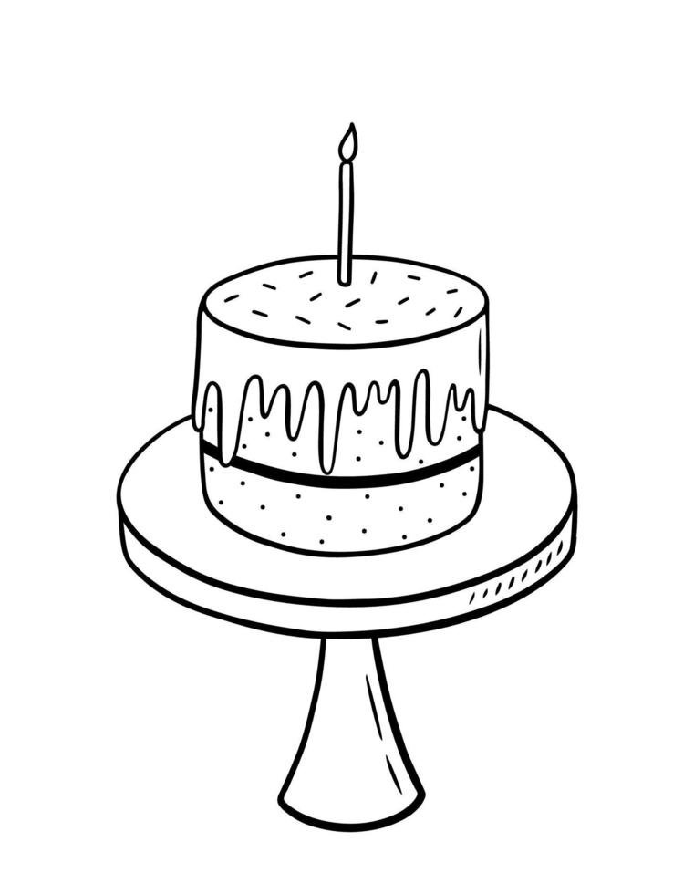 Birthday cake with a candle on a stand isolated on white background. Vector hand-drawn illustration in doodle style. Perfect for cards, logo, invitations, decorations, birthday designs.