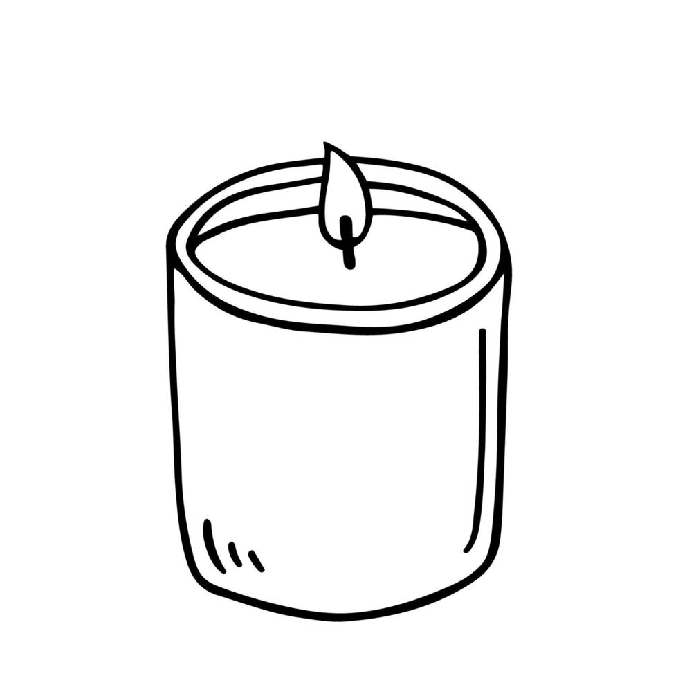 Burning aroma candle in a jar isolated on white background. Vector hand-drawn illustration in doodle style. Aromatherapy, relaxation design element. Suitable for cards, logo, decorations.