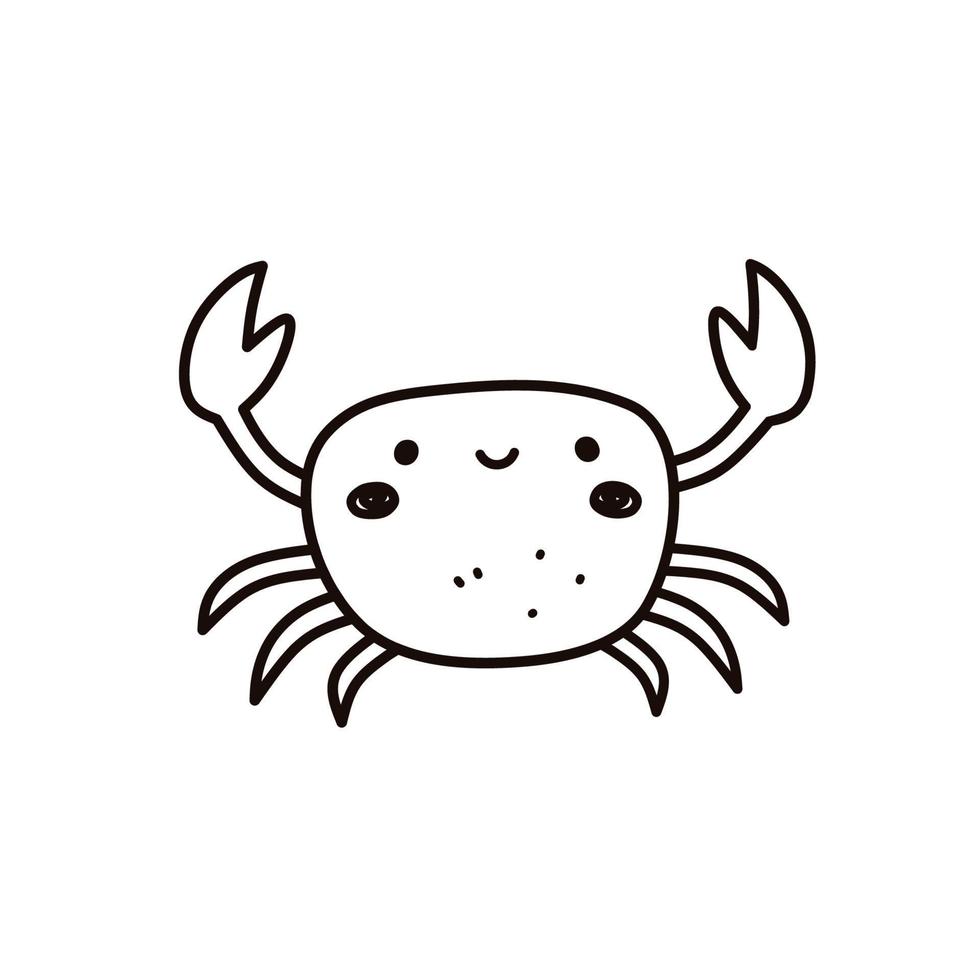 Cute smiling crab with claws isolated on white background. Vector hand-drawn illustration in doodle style. Perfect for cards, logo, decorations, summer designs. Funny kawaii character.