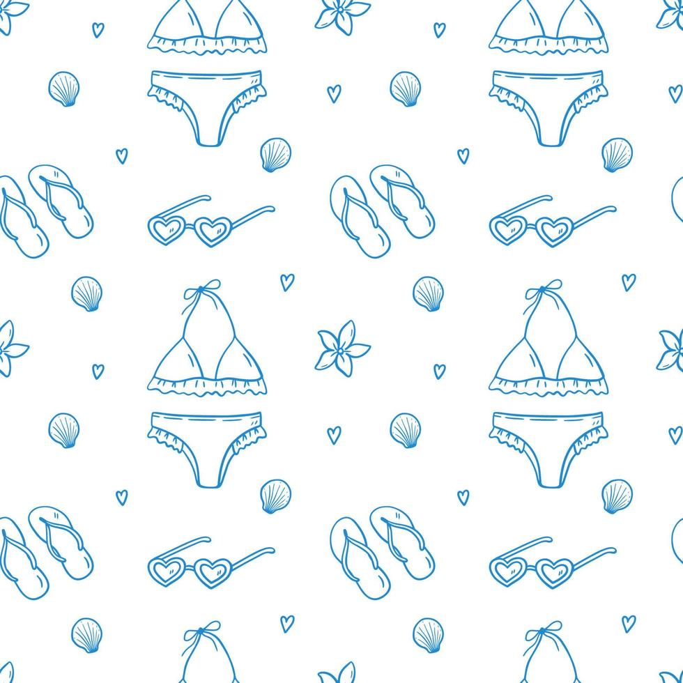 Seamless pattern with summer holiday elements - swimsuit, heart shaped sunglasses, flip flops, seashells and tropical flowers. Vector hand-drawn background in doodle style in blue colors.