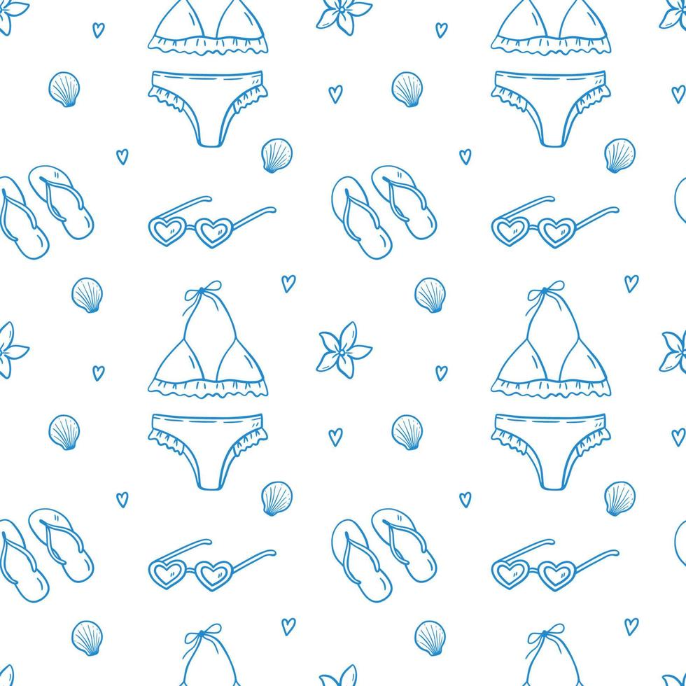 Seamless pattern with summer holiday elements - swimsuit, heart shaped sunglasses, flip flops, seashells and tropical flowers. Vector hand-drawn background in doodle style in blue colors.