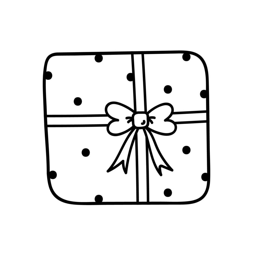 Cute gift tied with a festive ribbon with a bow isolated on white background. Vector hand-drawn illustration in doodle style. Perfect for holiday and Christmas designs, cards, decorations, logo.