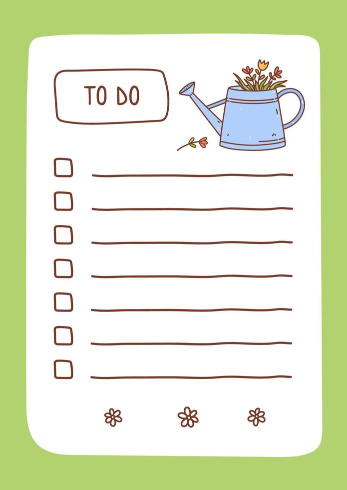 To do list template decorated by spring flowers in a watering can. Cute design of schedule, daily planner or checklist. Vector hand-drawn illustration.Perfect for planning, notes and self-organization