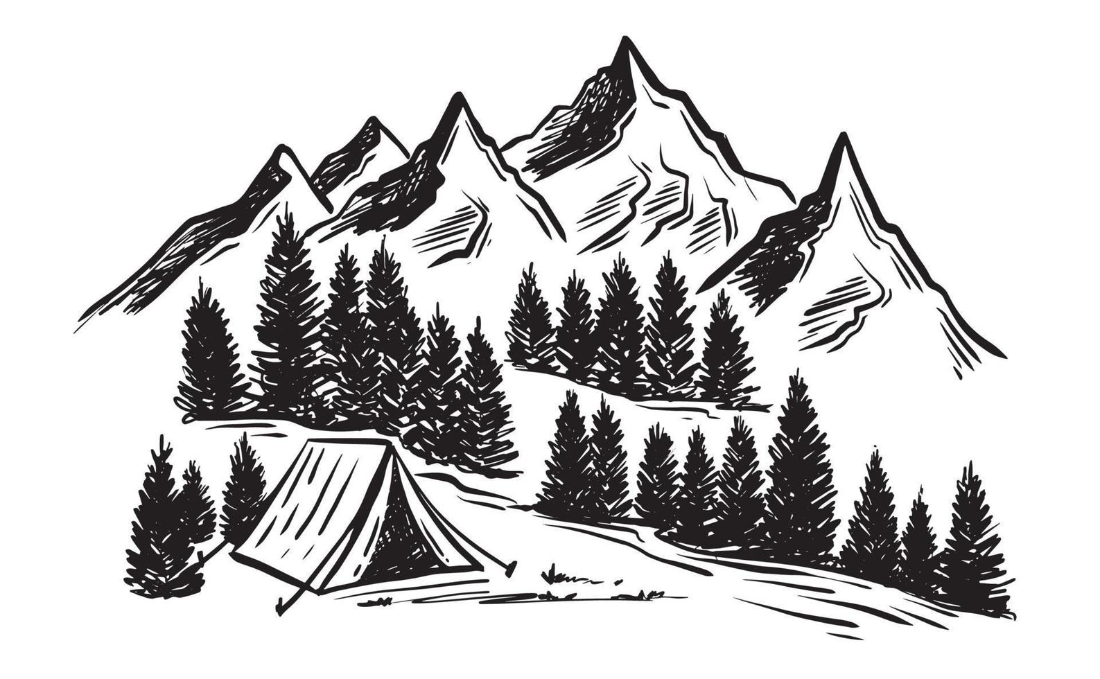 Camping in nature, Mountain landscape, sketch style, vector illustrations.