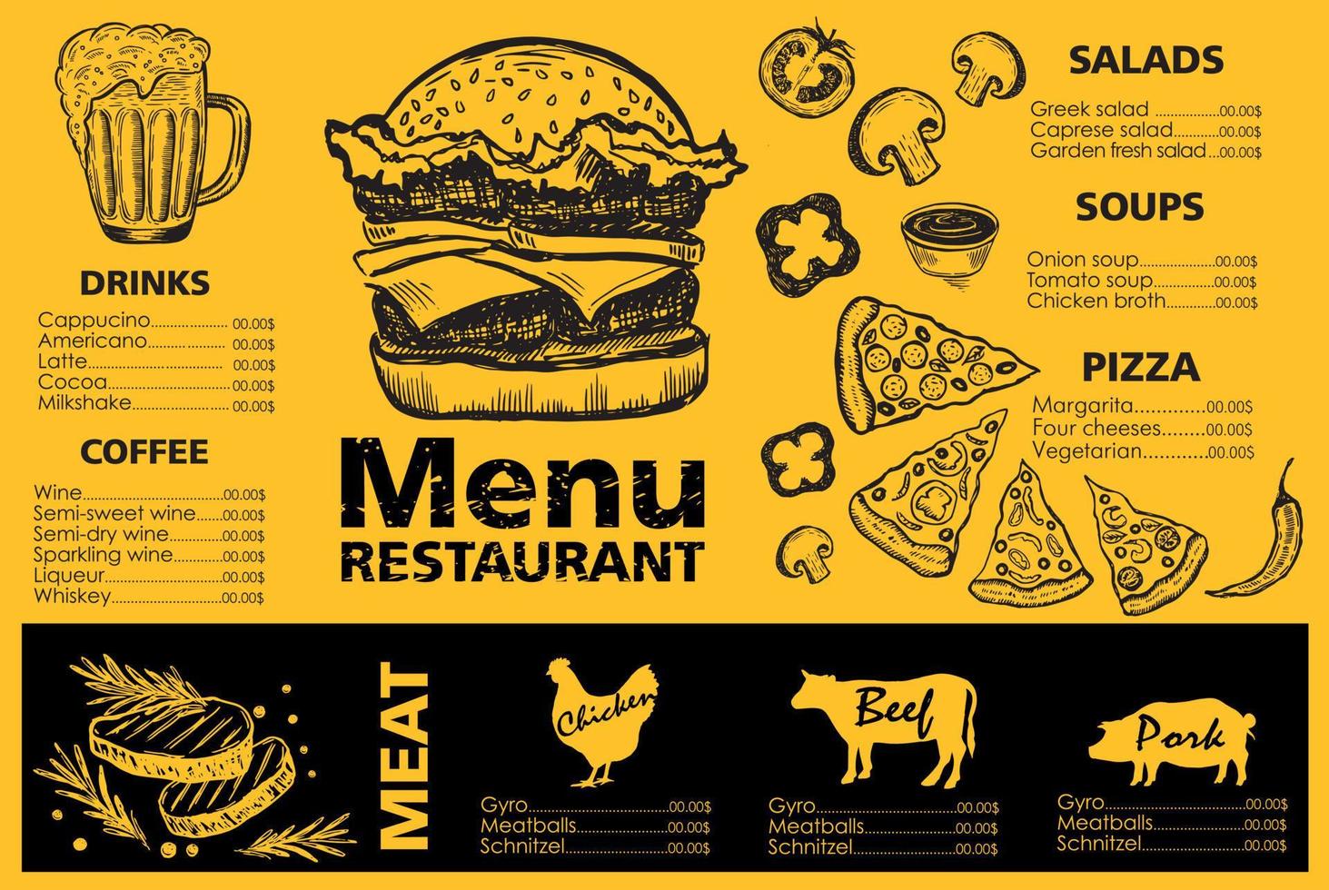 Menu template design for restaurant, sketch illustration. Vector. vector
