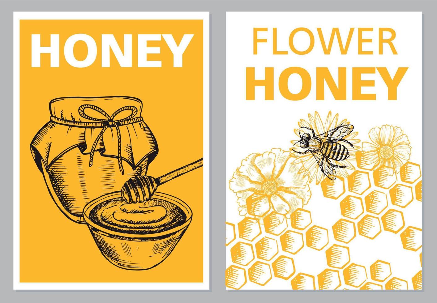 2069.epsHoney and bees flyer set, hand drawn illustrations. Vector. vector