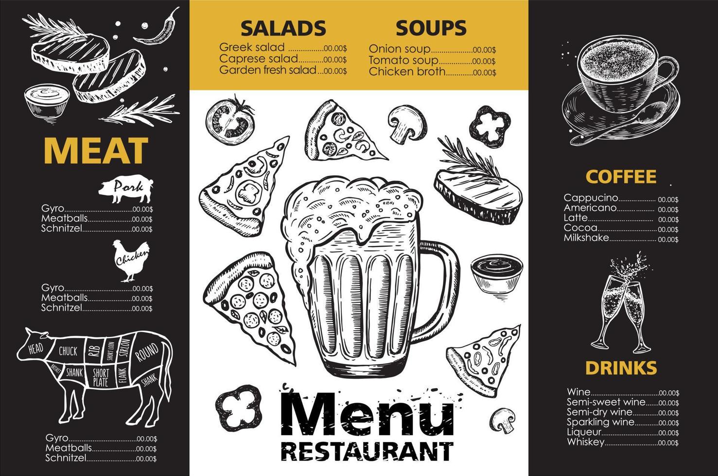 Menu template design for restaurant, sketch illustration. Vector. vector