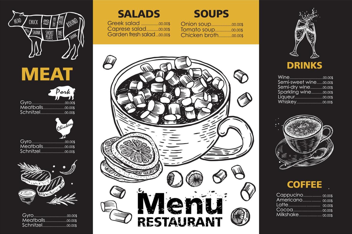Menu template design for restaurant, sketch illustration. Vector. vector