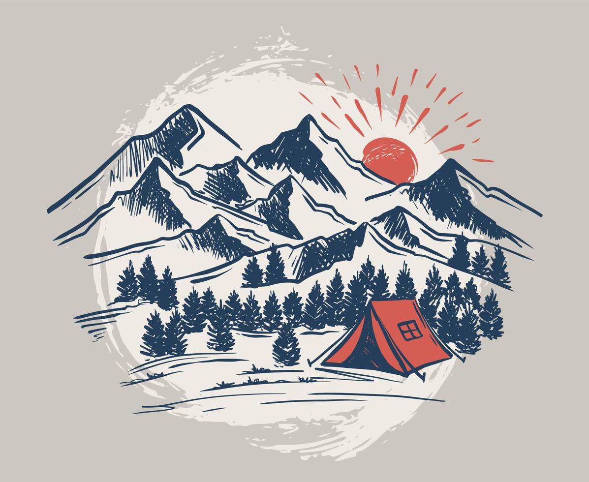 Sketch Camping in nature set, Mountain landscape, vector illustrations.