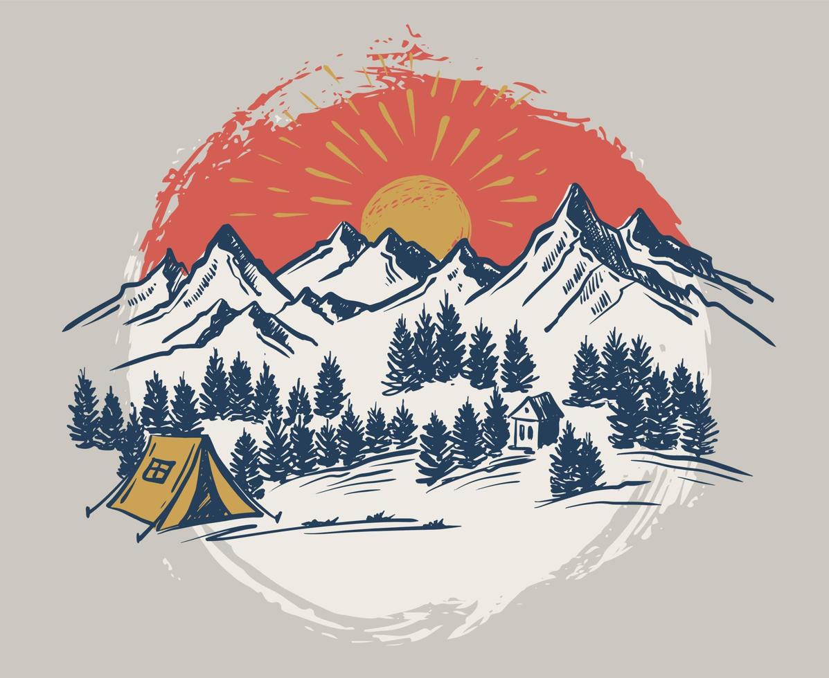 boceto de camping en la naturaleza, paisaje de montaña, ilustraciones vectoriales. vector