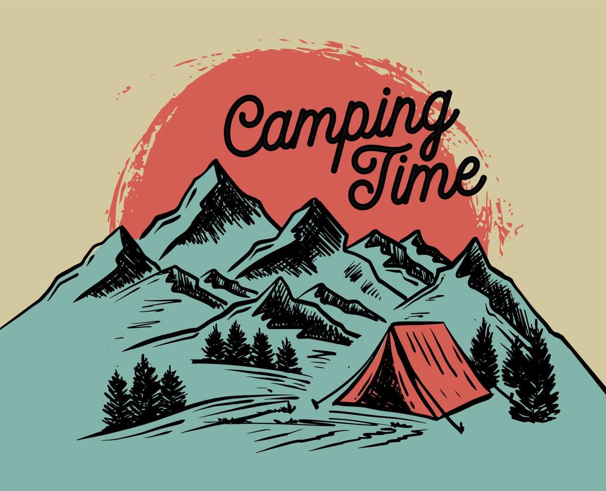 boceto de camping en la naturaleza, paisaje de montaña, ilustraciones vectoriales. vector