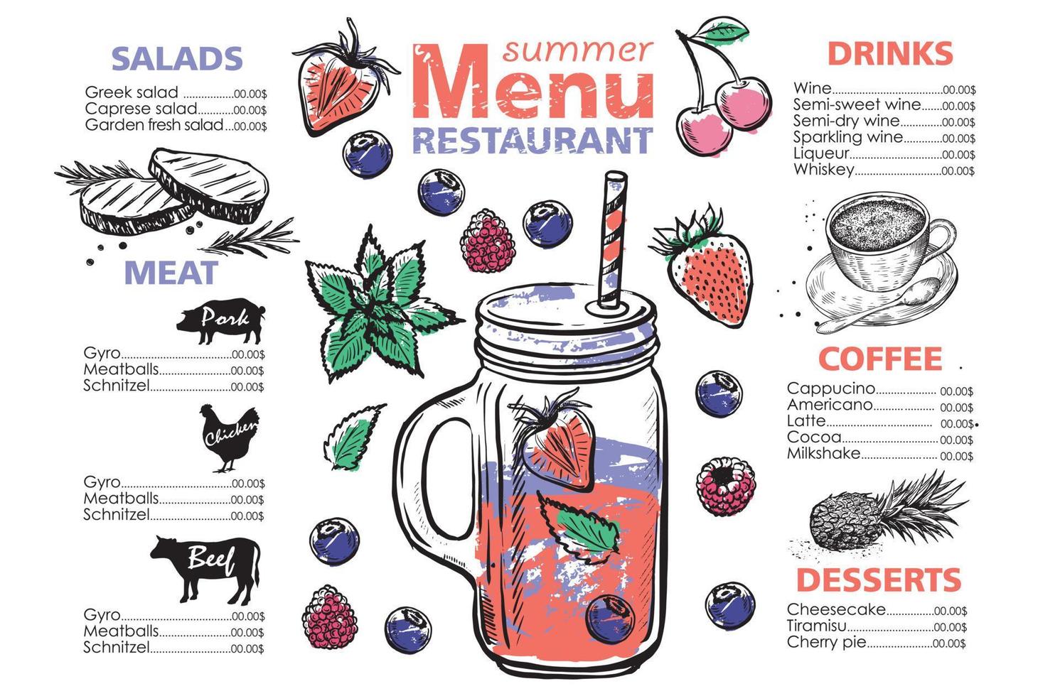 Smoothie, menu Juice, Hand drawn style. vector