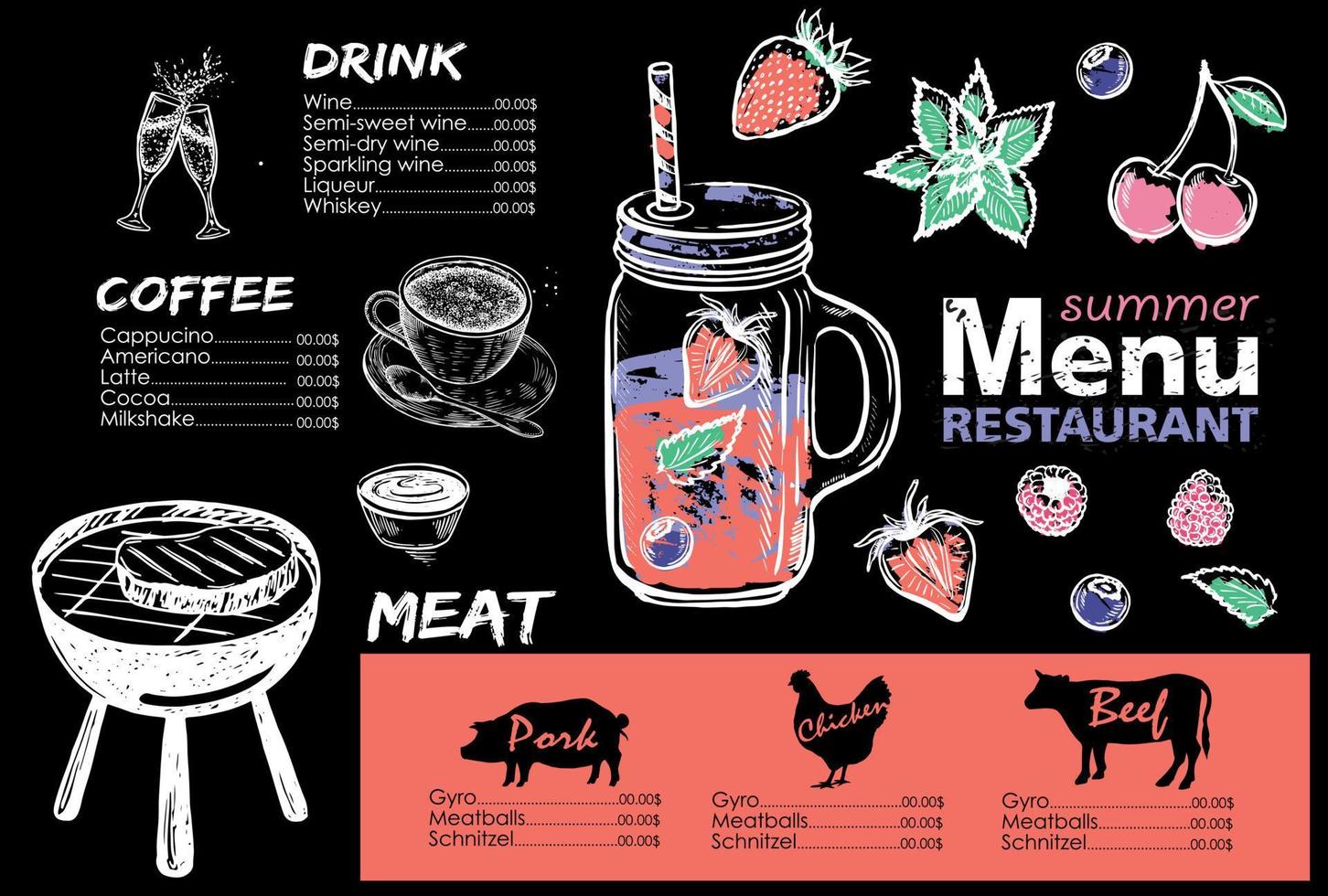 Smoothie, menu Juice, Hand drawn style. vector