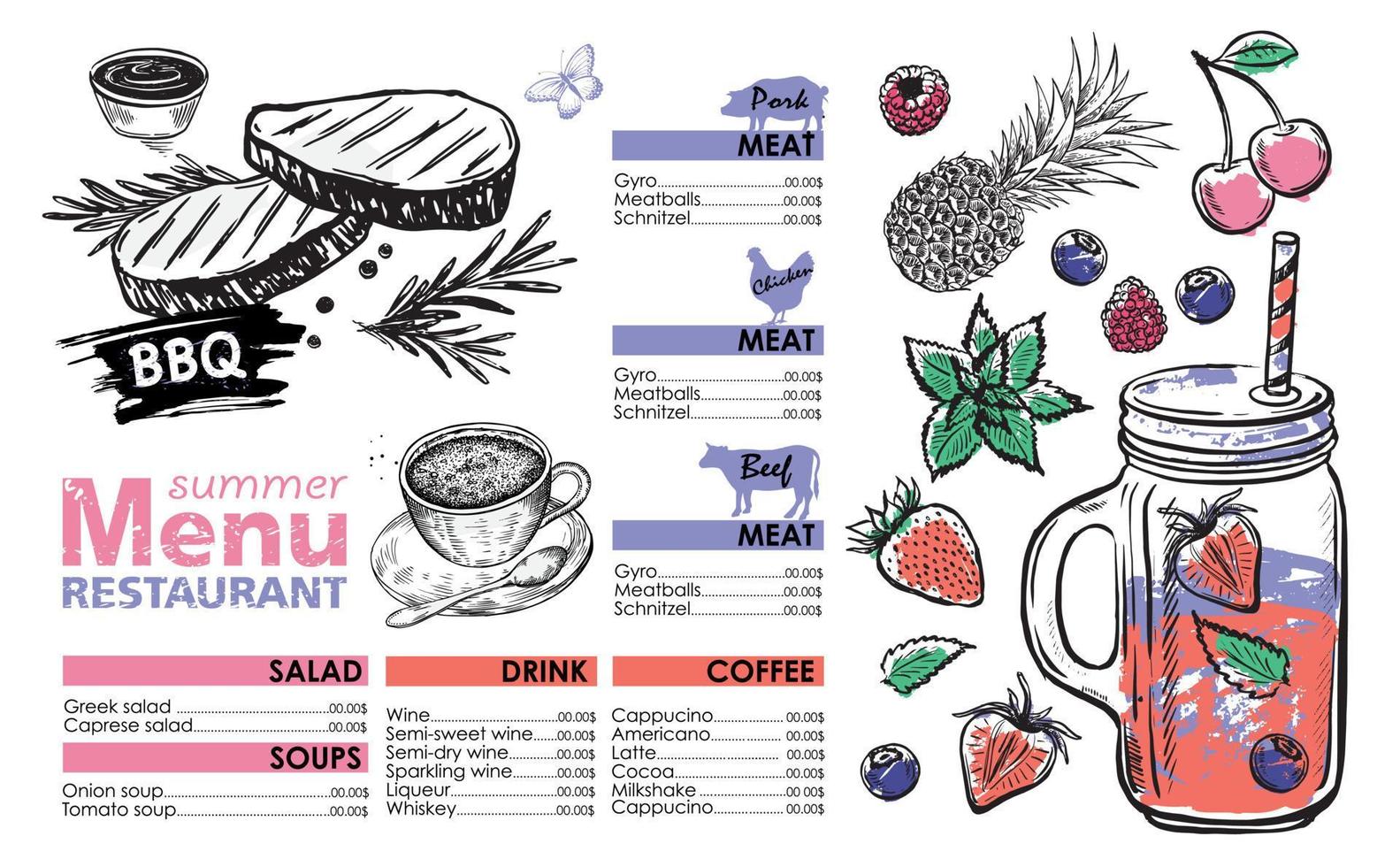 Smoothie, menu Juice, Hand drawn style. vector