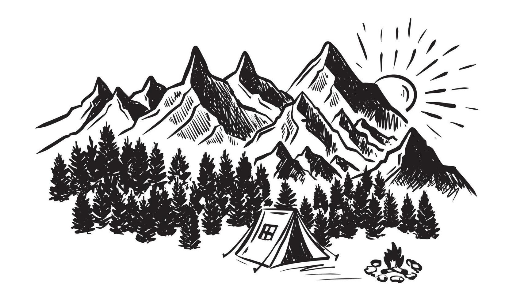 Camping in nature, Mountain landscape, sketch style, vector illustrations.