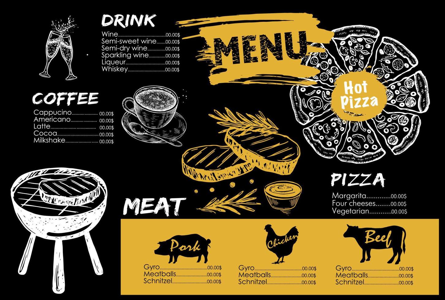 Menu. Vector hand drawn illustration. Design template.