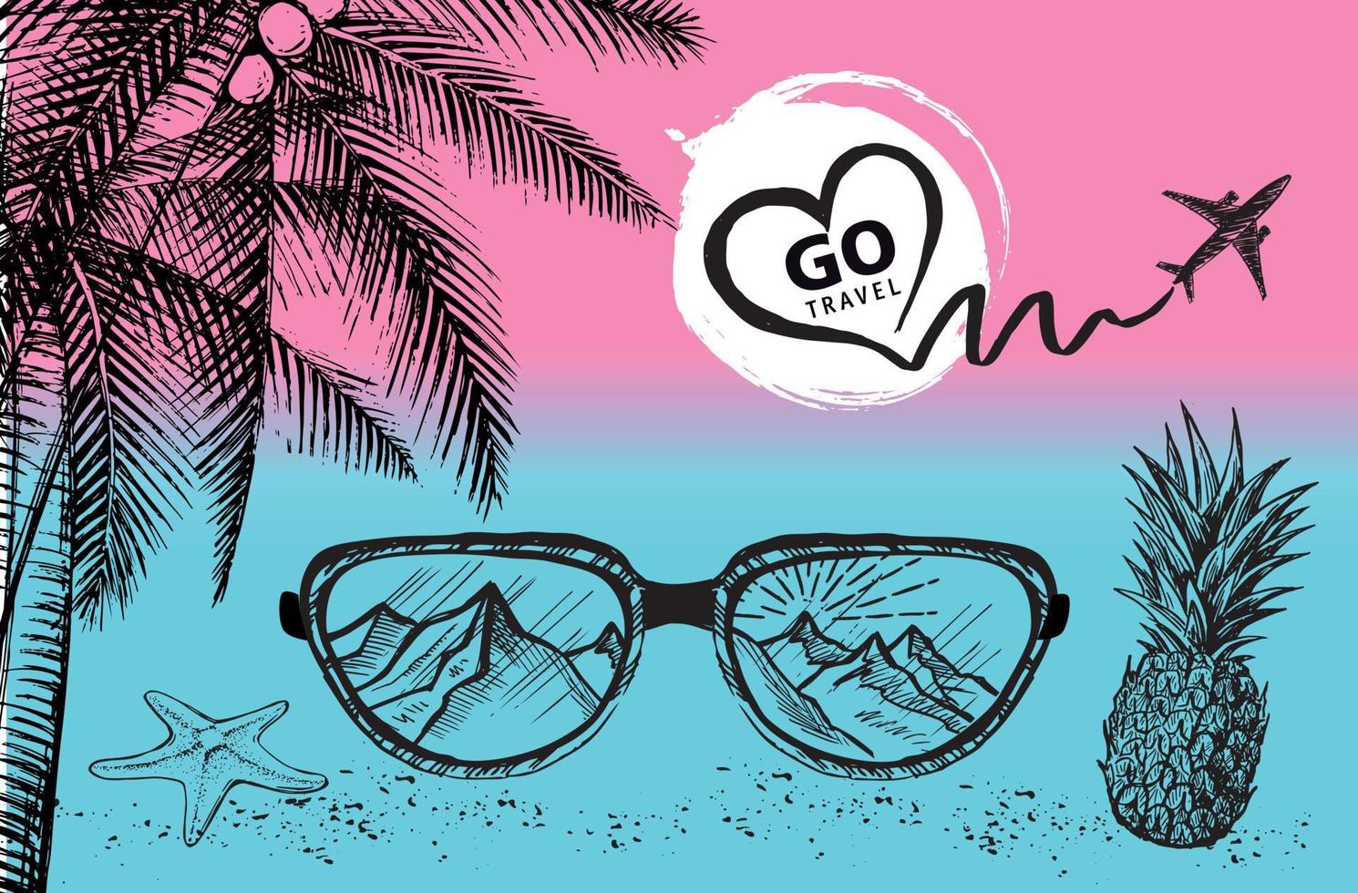 Hello PARTY, palm tree, glasses, pineapple. Hand drawn illustration. vector