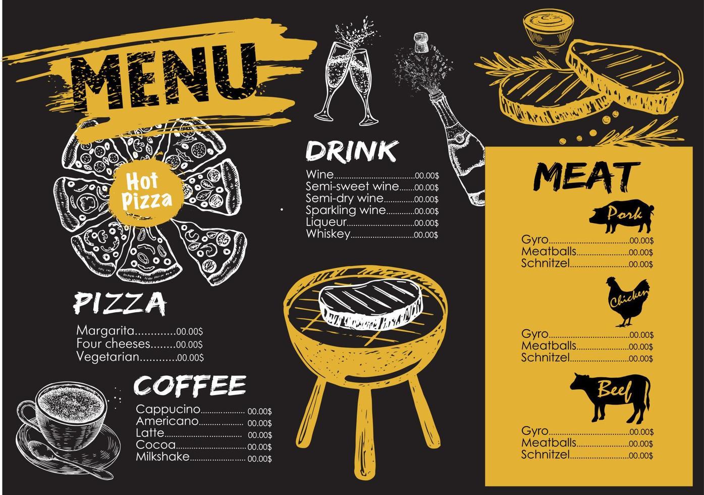 Menu. Vector hand drawn illustration. Design template.